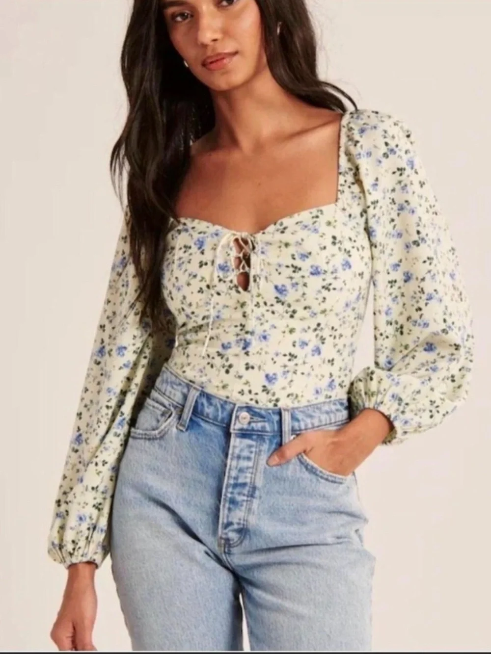 Abercrombie and Fitch Lace-Up Sweetheart Top - Cream with Blue Floral